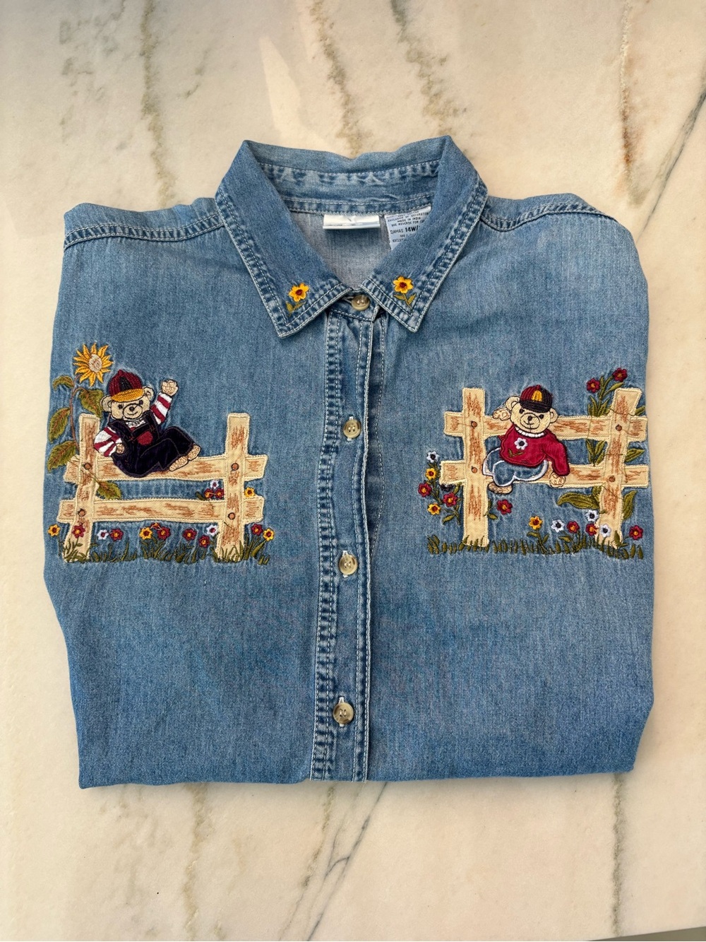 Vintage 90s Fall Embroidered Bear Sunflower Denim Short Sleeve Cottagecore 14/16